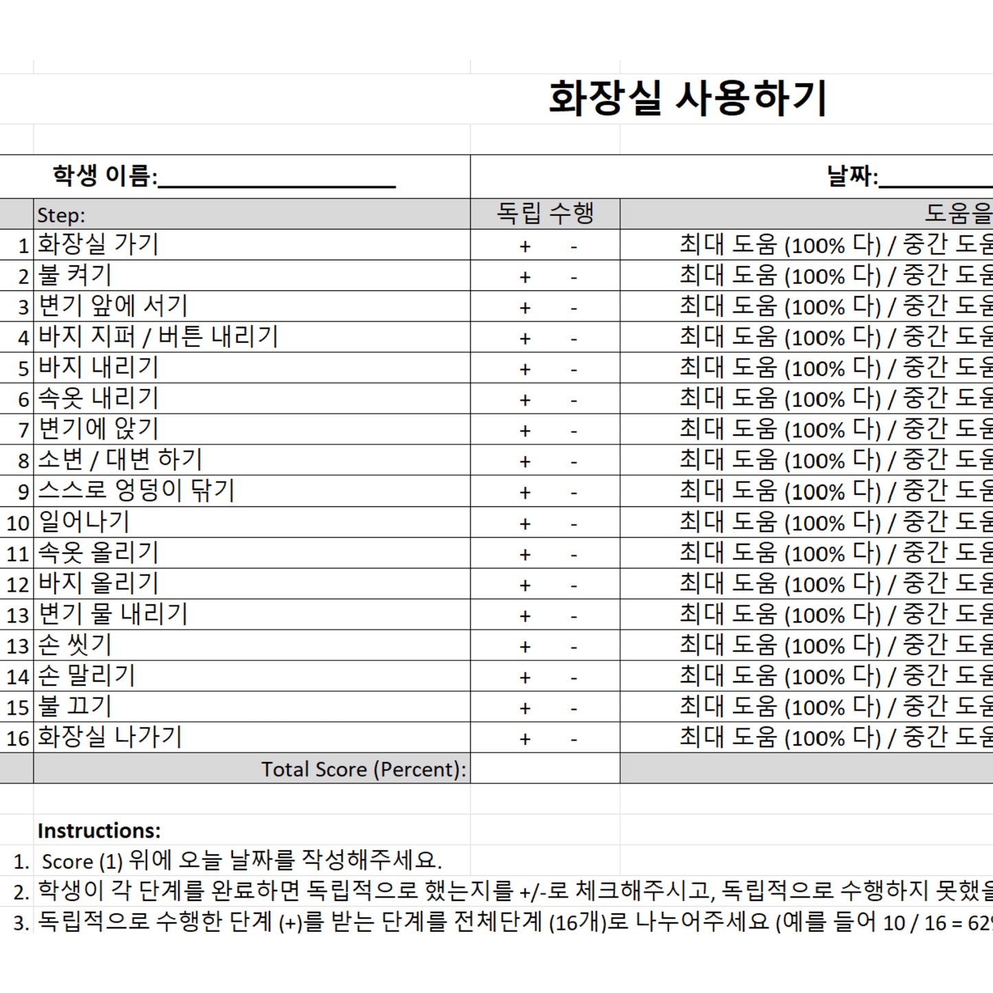 화장실 사용하기 자조기술 엑셀시트 (Using the Bathroom - Self - Care Task Analysis Tracker) - Everbloom Path - Parent Coaching